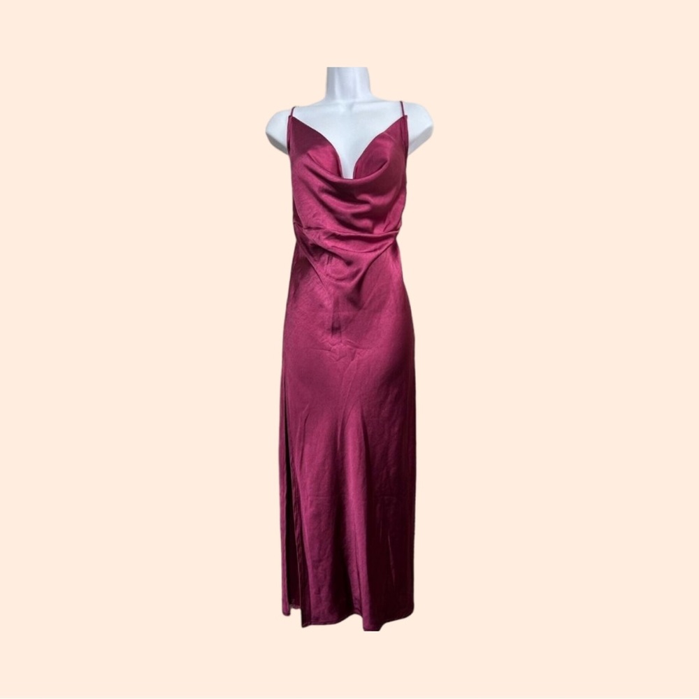 Bridesmaid Lioness Slip Dress 10 XL Magenta Cowl Neck Long Front Slit Sexy Maxi